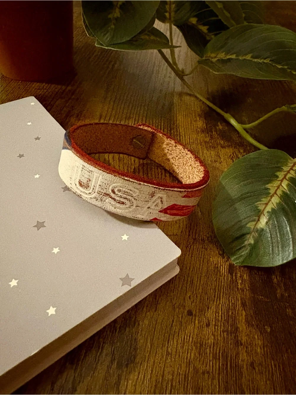 USA Embroidered Leather Cuff Bracelet - Red & Cream